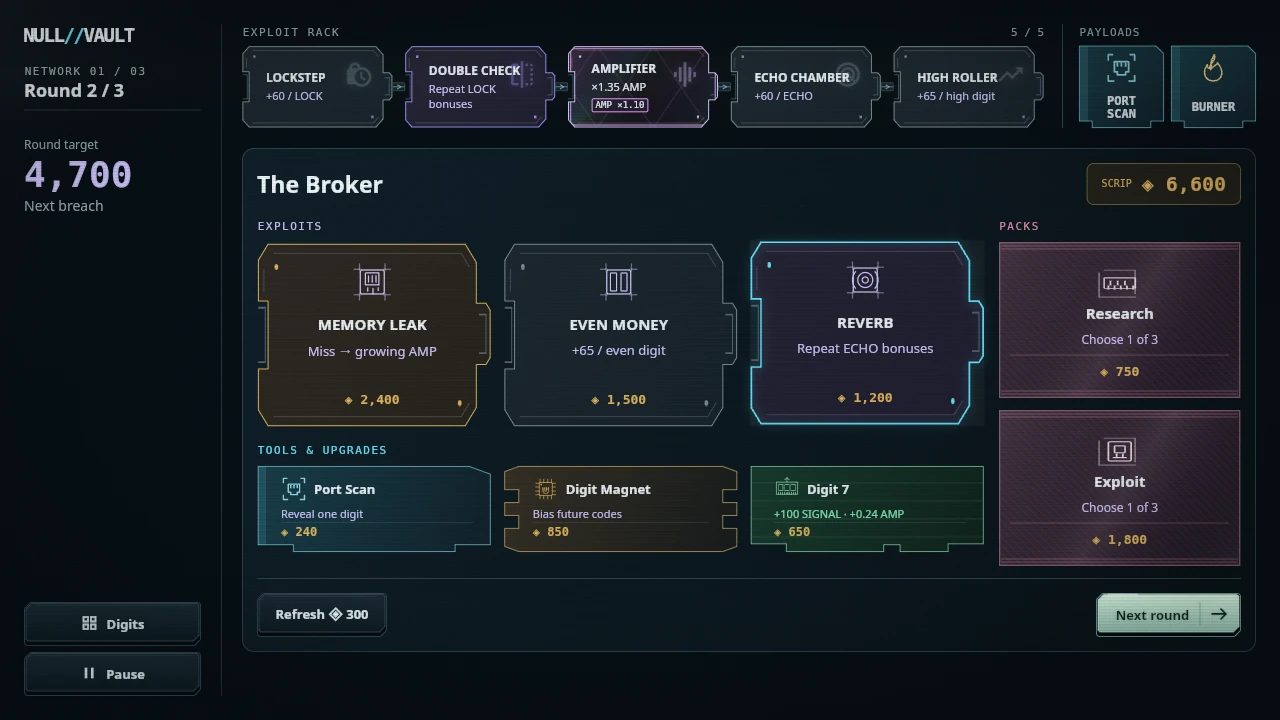 The Broker shop with physical exploit cards, Port Scan, digit upgrades and research packs.