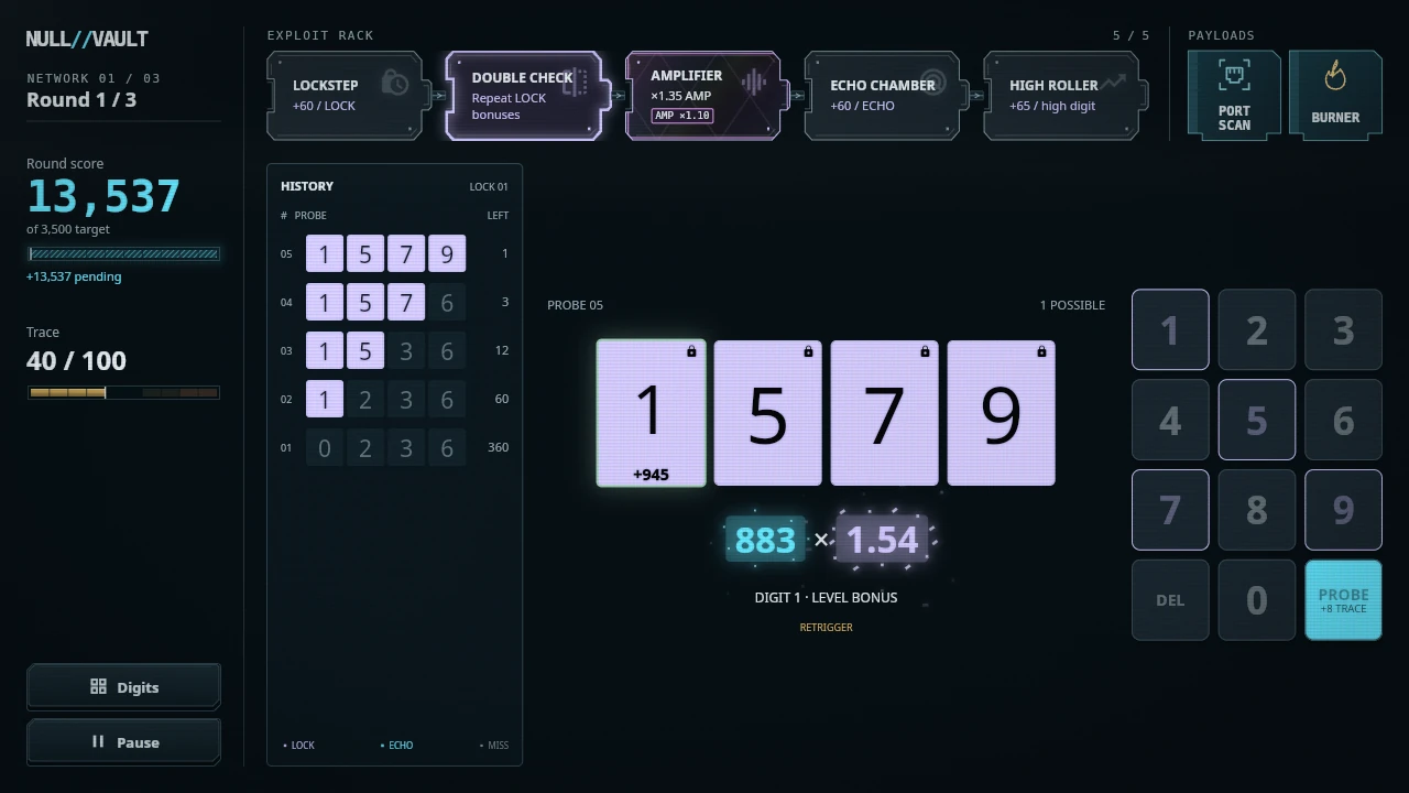 NULL VAULT gameplay showing a linked exploit rack, probe history, four code digits and a keypad.